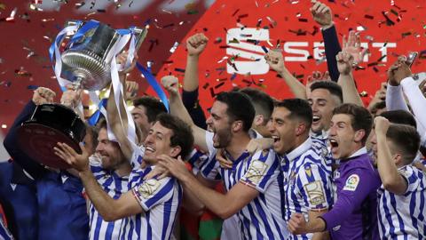 Real Sociedad celebrate with the Copa del Rey trophy