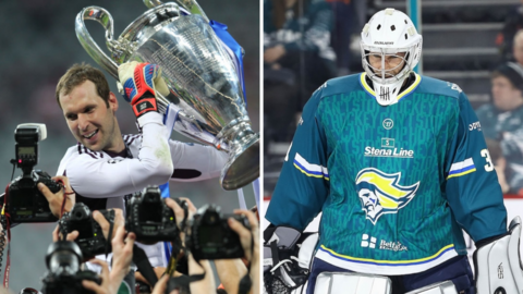 Petr Cech winning the Champions League with Chelsea in 2012 and playing for Belfast Giants in April 2023