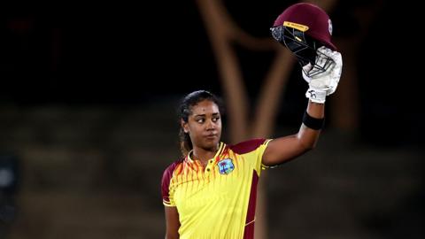 Hayley Matthews celebrating her century against Australia