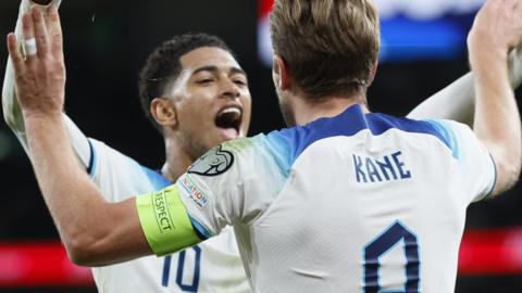 Jude Bellingham and Harry Kane celebrate a goal for England