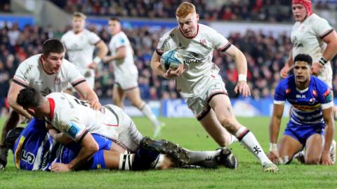 Nathan Doak produces a burst to score Ulster's first try against the Stormers