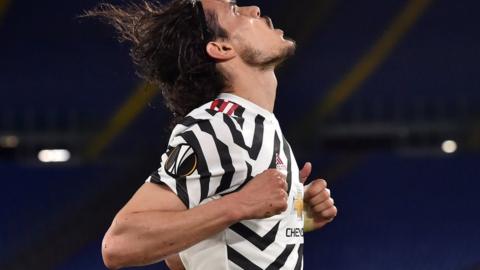 Edinson Cavani celebrates scoring against Roma in the Europa League semi-final