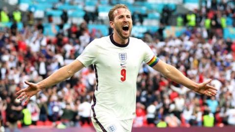 Harry Kane celebrates after scoring during a Euro 2020 match between England and Germany at Wembley Stadium in June 2021