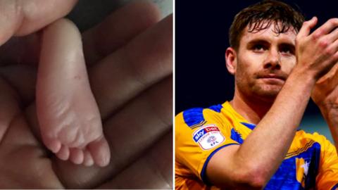 Mansfield Town defender Joe Riley (right) and holding his baby, Leo, who was stillborn (left)