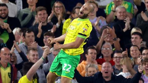 Teemu Pukki celeberates scoring for Norwich