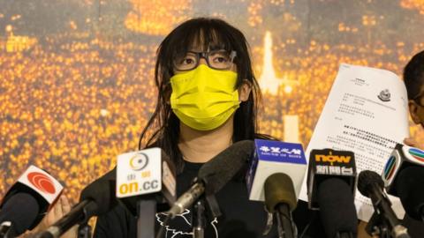 Chow Hang Tung speaking a press conference following national security law charges in September 2021