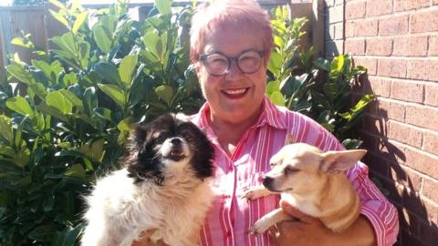 Pauline with puppies Fawn and Tuppence