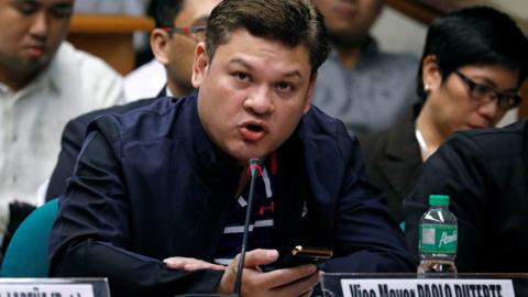 Paolo Duterte, Davao's Vice Mayor and son of President Rodrigo Duterte, testifies at a Senate hearing on drug smuggling in Pasay, Metro Manila, Philippines, 7 September 2017