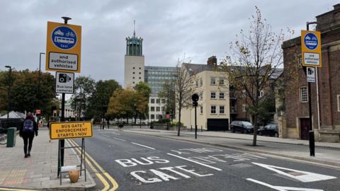 Bus lane camera signs on John Dobson Street in Newcastle