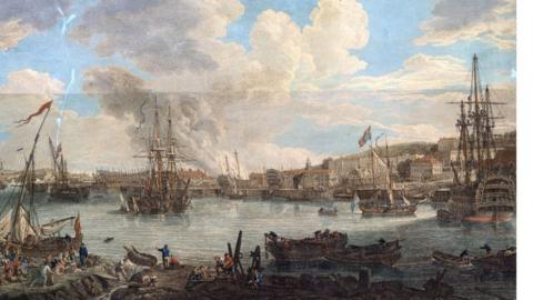 An 18th Century engraving of Chatham Dockyard by Nicholas Pocock
