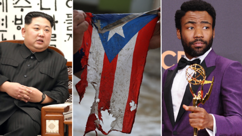 A composite image showing North Korean leader Kim Jong-un, a Puerto Rican flag damaged in Hurricane Maria, and Donald Glover with an Emmy award