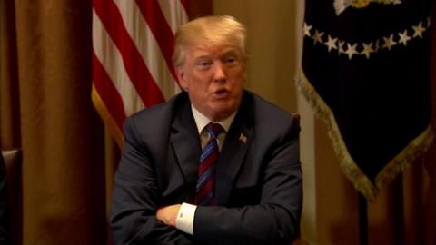 US President Trump talks to journalists, 12 April 2018