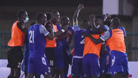 Central African Republic players celebrate their shock win over Nigeria