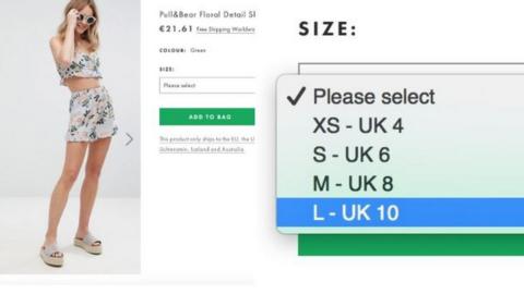 A photo of the shorts on the Asos website, showing 'large' as a size 10