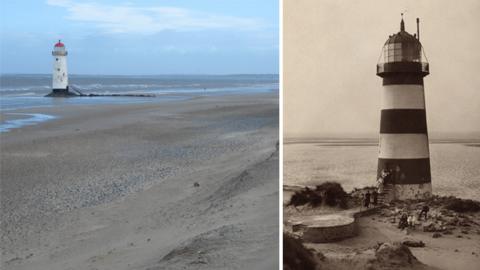 Old and recent photo showing Talacre lighthouse and the changing shape of the coastline