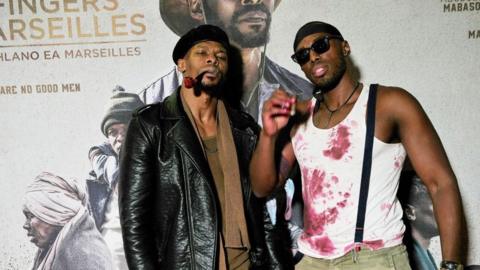 Vuyo Dabula and Sisanda Henna during Five Fingers for Marseilles movie premiere at the Market Theatre on March 08, 2018 in Johannesburg, South Africa.