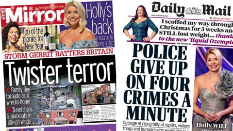 The headline on the front page of the Daily Mirror reads: "Twister Terror" and the headline on the front page of the Daily Mail reads: "Police give up on four crimes a minute"