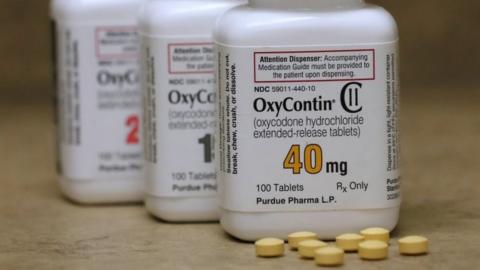 Bottles of prescription painkiller OxyContin pills, made by Purdue Pharma LP sit on a counter at a local pharmacy in Provo, Utah