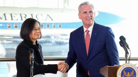 Taiwan's President Tsai Ing-wen (left) and US House Speaker Kevin McCarthy shake hands