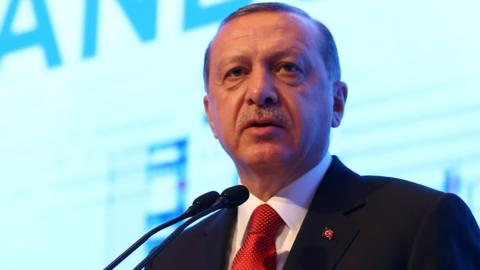 Turkish President Tayyip Erdogan makes a speech during the Atlantic Council Istanbul Summit, April 28, 2017