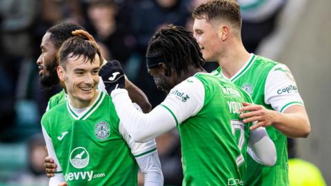 Hibernian's Dylan Levitt celebrates with Elie Youan as he scores to make it 2-0 during a cinch Premiership match between Hibernian and Ross County at Easter Road Stadium