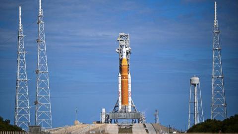 The Space Launch System (SLS) rocket and the Orion spacecraft at Launch Pad 39B at the Kennedy Space Centre in Cape Canaveral, Florida.