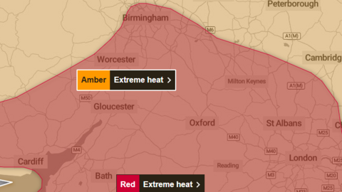 A map showing cities and areas covered by the red weather warning and the amber weather warning.