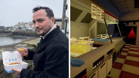 James Muirhead, who is wearing a dark coat, sits by a harbour on a grey day, holding a takeaway box of fish and chips and a lemon wedge. The image in split into two, with a compter game rendering of the inside of a fish and chip shop on the other side 