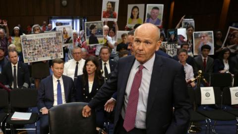 Boeing's CEO Dave Calhoun faces families and apologizes for the loss of their loved ones upon his arrival to testify before a Senate Homeland Security and Governmental Affairs Committee Investigations Subcommittee hearing on the safety culture at Boeing, on Capitol Hill