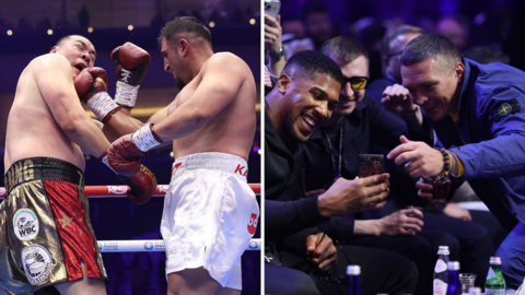 Split image of Zhang getting punched by Kabayel and Anthony Joshua taking a selfie with Oleksandr Usyk