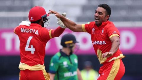 Saad Bin Zafar of Canada appeals unsuccessfully during the ICC Men's T20 Cricket World Cup West Indies & USA 2024 match between Canada and Ireland at Nassau County International Cricket Stadium