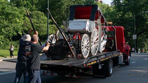 A damaged horse carriage is pictured being removed from Central Park on a truck