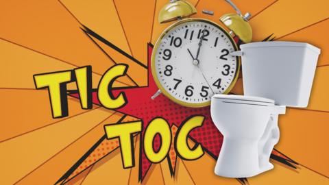 Comic book style orange background with Tic Toc in yellow writing, and alarm clock and a toilet