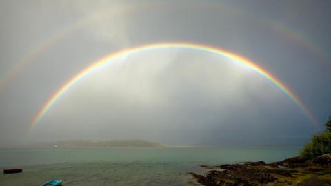 Photo of a double rainbow looking out to sea, taken in Porthmadog in Gwynedd