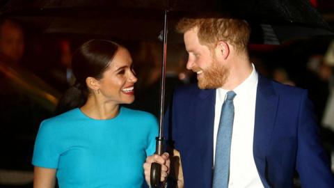 Britain's Prince Harry and his wife Meghan, Duchess of Sussex, arrive at the Endeavour Fund Awards in London, Britain, March 5, 2020.