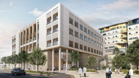 A computer generated image of a hospital building.