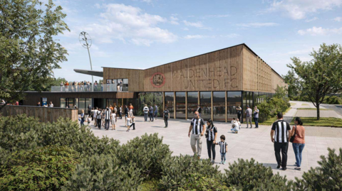 A CGI image of Maidenhead United's potential new stadium, showing people milling outside it. It appears to have an open terrace with people meeting and wooden cladding on the outside at the top of a small stand, with windows beneath it.