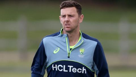 Josh Hazlewood with a forlorn expression while training for Australia