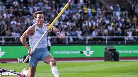 Sweden's Armand Duplantis competes in the Men's Pole Vault event of the Stockholm Diamond League athletics meeting in Stockholm, Sweden
