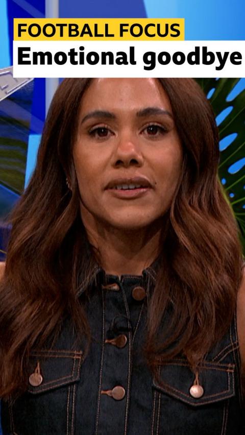 Alex Scott gets emotional as she receives a framed photo as a gift on her last episode of Football Focus