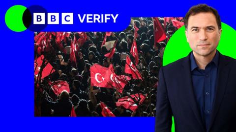 Ros Atkins superimposed before an image of protests in Turkey. Demonstrators are carrying the Turkish flag and the colours of BBC Verify surround the image