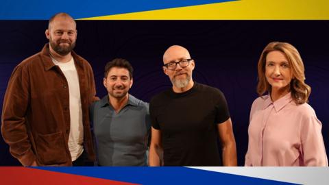 BBC presenters smiling at the camera: the BBC’s Ukraine Correspondent James Waterhouse, Newsround’s Ricky Boleto, Ukrainecast’s Vitaly Shevchenko, and host Victoria Derbyshire 