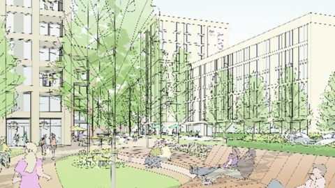 An artist's impression of Gresham plans showing three housing blocks and green space with trees and public seating in front