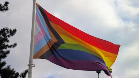 A Progress Pride flag, featuring the traditional rainbow stripes alongside a chevron of black, brown, light blue, pink, and white stripes, flies from a white flagpole against a cloudy sky, with pine tree branches visible on the left.