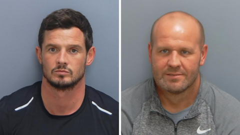 Anthony and Brian Siner mugshots. Anthony has short brown hair, brown moustache and beard and a black t-shirt on, Brian is bald with grey stubble and is wearing a grey sweatshirt.