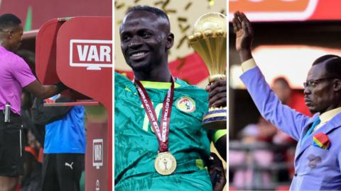 A split image showing a referee consulting a pitchside monitor for a VAR check, Sadio Mane wearing a green Senegal kit and winner's medal while holding the Africa Cup of Nations trophy and Michel Nkuka Mboladinga holding his right arm aloft in tribute to former DR Congo prime minister Patrice Lumumba