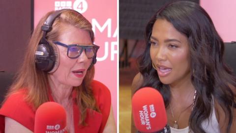 Left, a redheaded woman in a red blouse speaks into a microphone. A woman with dark brown hair, a necklace and a white top speaks into a red microphone.