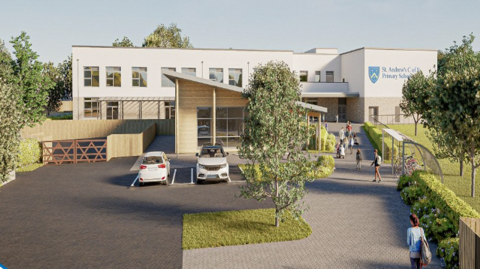 A drawing of a large white building with a flat roof and grassy areas surrounding a car park at the front