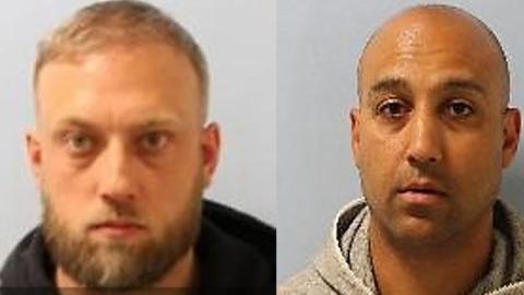 Two side-by-side police custody images. On the left, Luke Robinson, a slim man with blonde hair and a short beard. On the right, a slim, bald man.