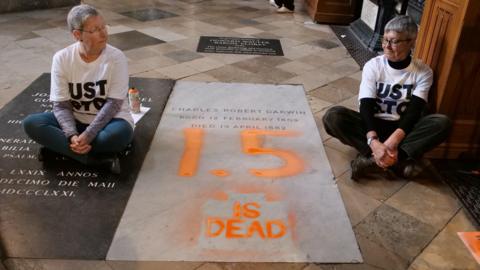 Two middle-aged women with short grey hair sitting either side of Charles Darwin's ledger stone, which is daubed in orange paint.